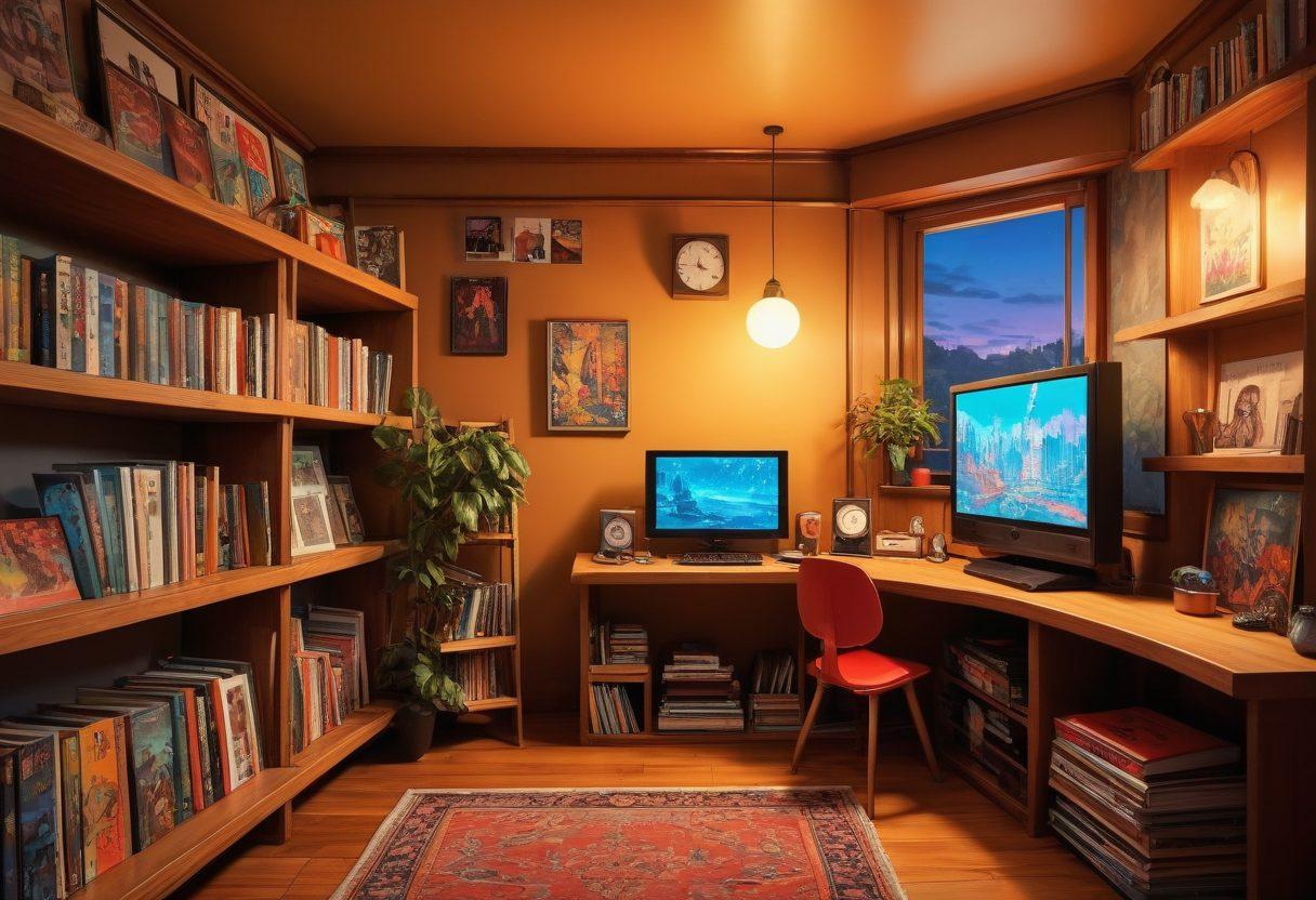 A captivating scene depicting a diverse collection of vibrant hentai graphic novels and adult games, artfully arranged in a cozy, inviting room. Include playful characters from various genres interacting around a gaming console, with colorful and imaginative backgrounds representing fantasy settings. The atmosphere should evoke a sense of exploration and curiosity, with soft lighting to enhance the allure. retro anime style. vibrant colors. cozy atmosphere.