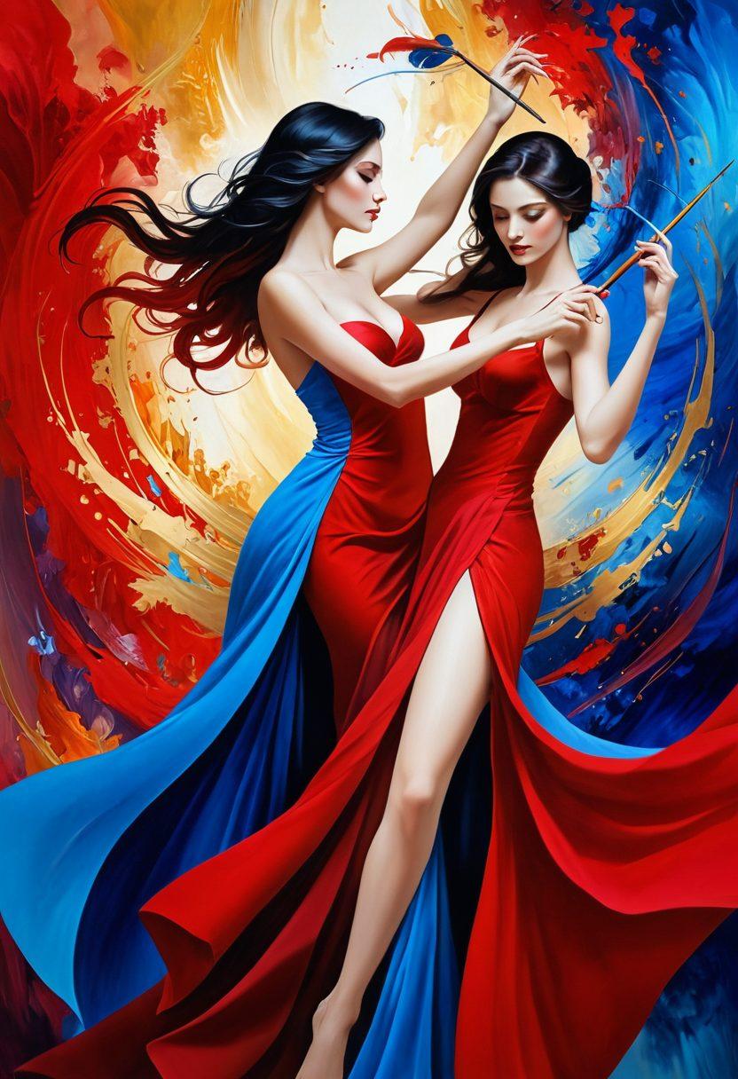 A mesmerizing blend of fantasy and reality showcasing elegant characters immersed in artistic poses, surrounded by vibrant hues of passion and creativity. Highlight intricate details of sensual expressions and flowing forms while incorporating subtle elements of eroticism intertwined with artistic tools like paintbrushes and canvases. Evoke a sense of allure and intrigue, inviting viewers to explore the theme of desire in art. super-realistic. vibrant colors. dreamy background.