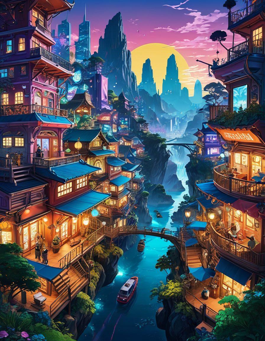 A vibrant and colorful illustration depicting a whimsical landscape filled with elements of both manga and interactive adult games. Showcase a sprawling comic book city with large, artistic panels featuring dynamic characters, intersected by pathways leading to game consoles and VR setups. Include hints of playful adult themes, with a nod to fantasy motifs. The scene should evoke a sense of exploration and excitement in the world of adult entertainment. vibrant colors. 3D. anime-inspired.